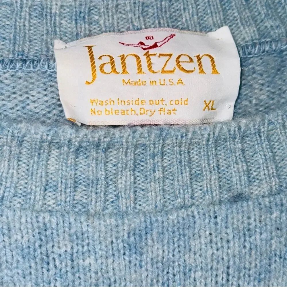 JANTZEN 80s90s Geometric Fair Isle Baby Blue Pullover  Crewneck Sweater Size XL